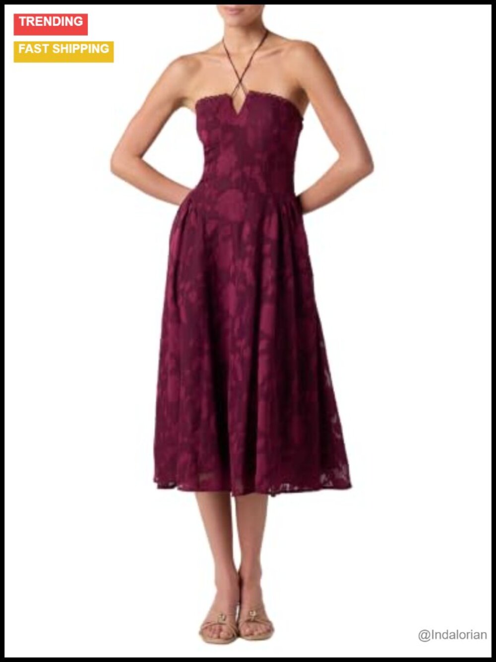 Floral Burnout Chiffon Midi Dress Lace-Up Back Halter Wedding Guest